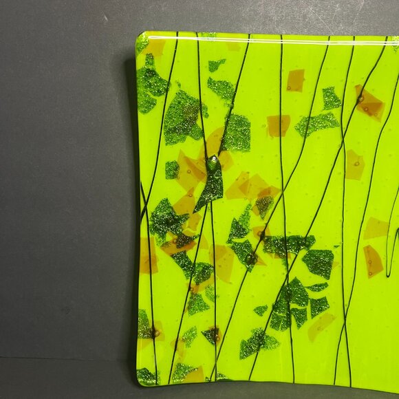 Art Deco Green Black Abstract Square Art Glass Lined & Glitter Flaked Plate 10" - Picture 2 of 6